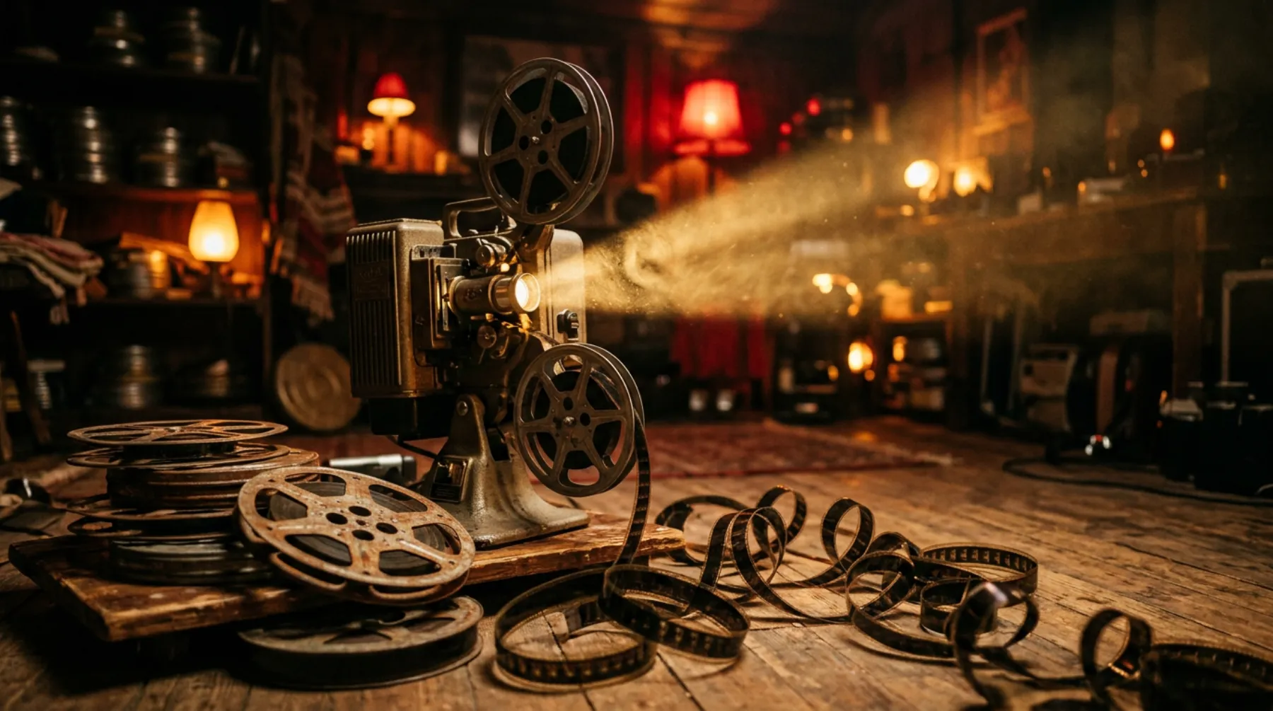 A vintage film projector in a dark room throws a dusty golden beam; metal film reels are stacked beside it and a long strip of film curls across the floorboards.